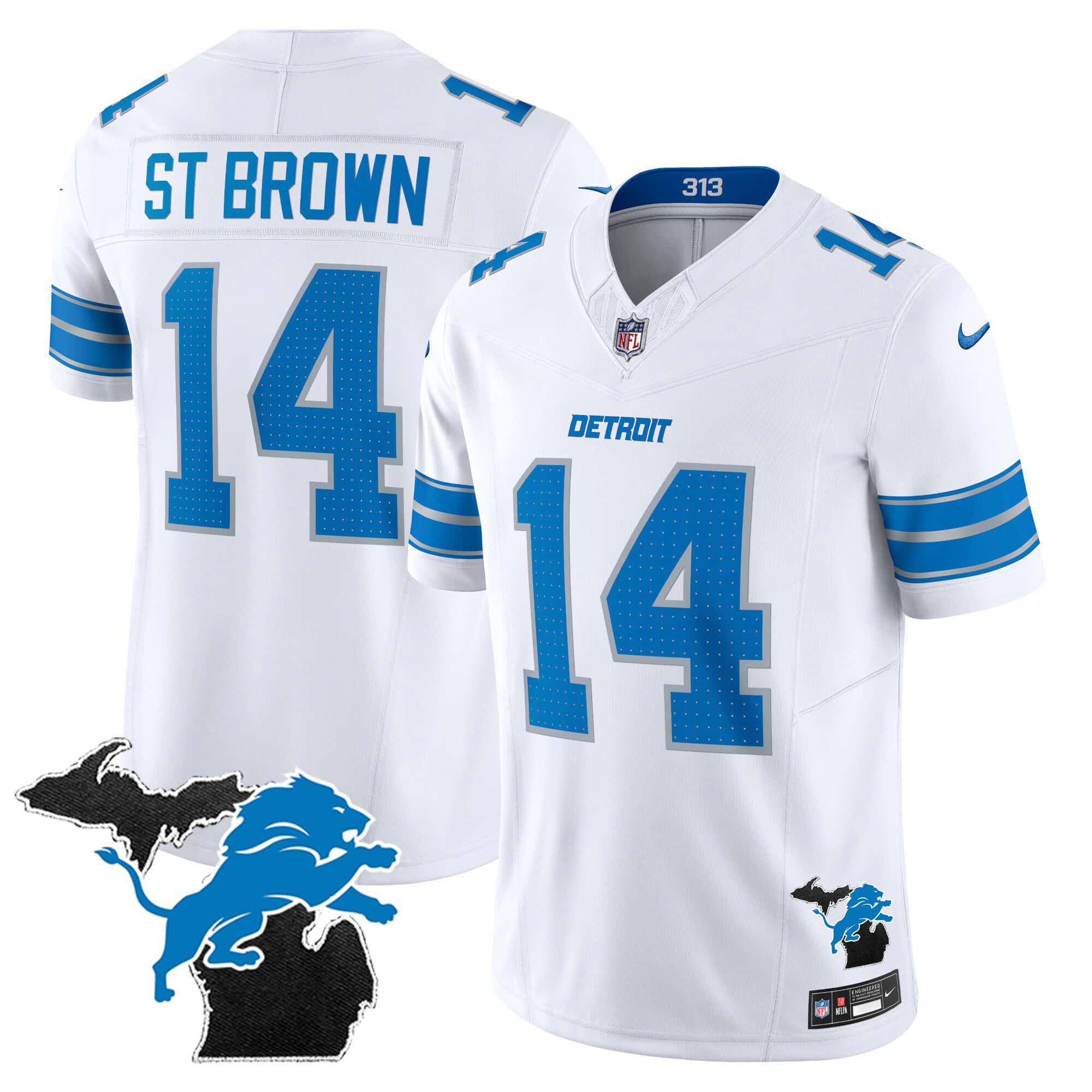 Men Detroit Lions 14 ST Brown White 2024 Nike Michigan Patch Vapor Limited NFL Jersey